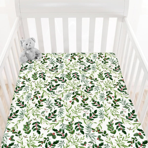HawSkgFub Christmas Foliage Holly Berry Fitted Standard Crib Sheet Baby Boy Girl
