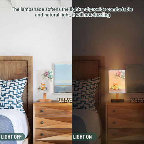 YYZZH Table Lamp Cute Cartoon Owl with Baby Child on Tree Branch Nightstand Lamp with Wood Base Fabric Lamp Shade