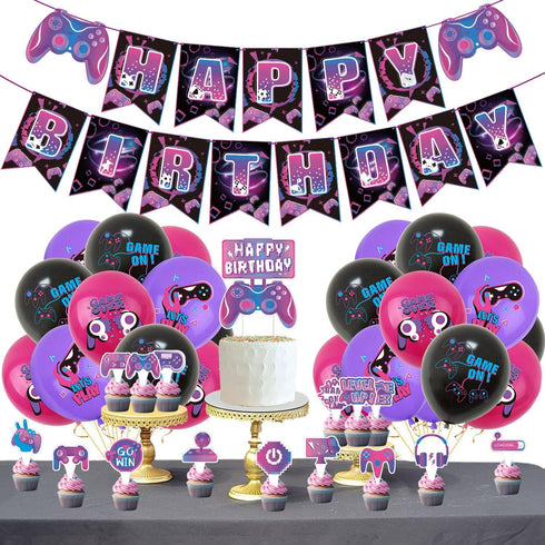 Video Game Birthday Party Decoration Set, Purple Game Supplies, Includes Birthday Banner and Balloon
