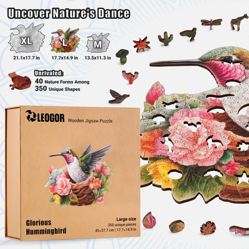 LEOGOR Wooden Puzzles for Adults - Glorious Hummingbird, 350 Piece Large Colorful Mosaic Wood Jigsaws