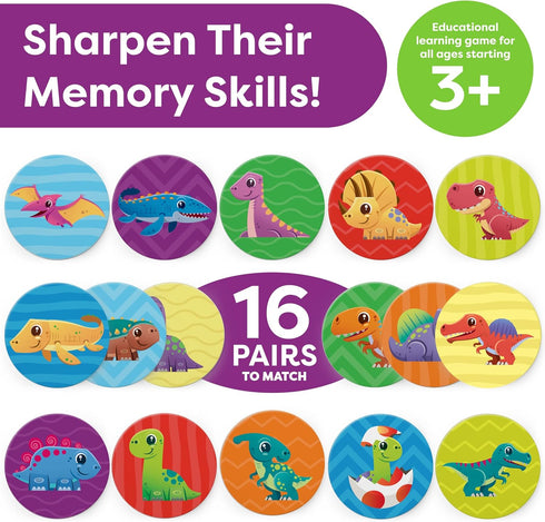 Matching Memory Game for Kids, 32pc Dinosaur Concentration Games for Preschoolers Ages 3-5