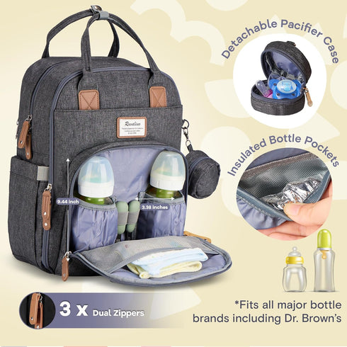 Backpack, Pack RUVALINO Diaper Bag Multifunction Travel Maternity Baby Changing Bags, Large Capacity, Waterproof, Dark