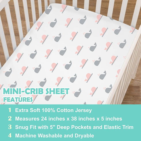 100% American Baby Company Printed Natural Cotton Jersey Knit Fitted Portable/Mini-Crib Sheet, Pink Whale, for Girls