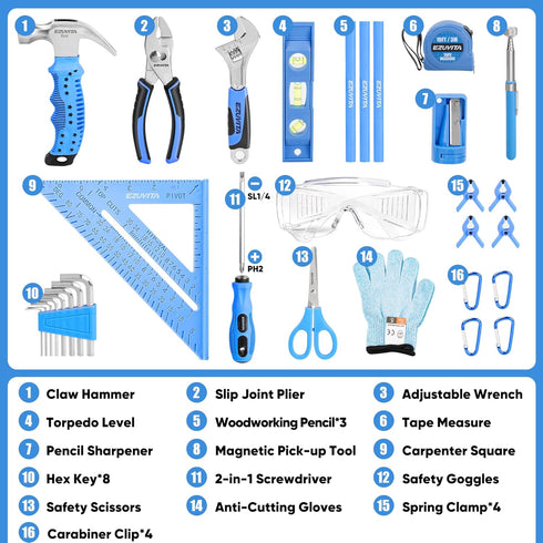 32-Piece Set, 12 6+, Kids Real Tool Blue Kids Size with Storage Bag, Safety Certified Children Learning Hand Tools