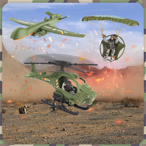 Set: 5 3-5 deAO Military Vehicles Toy Combat Boat, Helicopter, Tank Toy with Army Men Figures, Accessories - Great Army