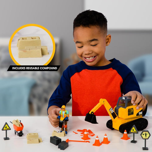 Set, 23-Piece Playset 4-Inch 3+ Cat Workforce Excavator Action Kids Construction Toy with Figure, Non-Drying Dirt