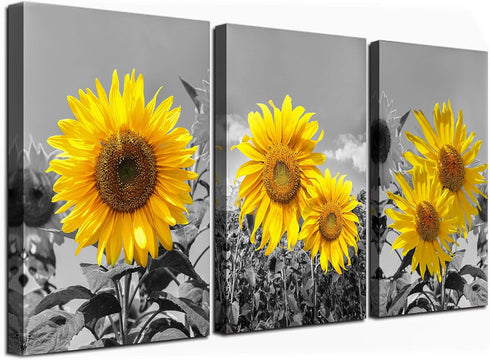 USIXA Sunflower Wall Art for Living Room Black White Flowers Wall Decor Yellow