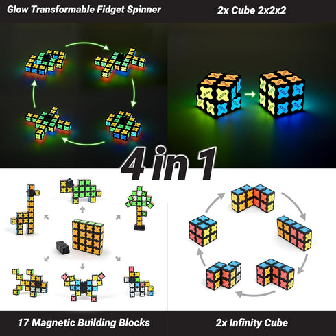 16 3in1 2-Pack TOSY Magnet Fidget Spinner Glow - Blocks, Toy: Transformable Fidget Spinner, Infinity/Puzzle Cube