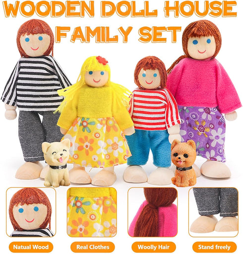 36PCS Set 4 5 3 4 5 6, HAPGFS Wooden Dollhouse Furniture with Flexible Family Dolls - Room Realistic Doll House
