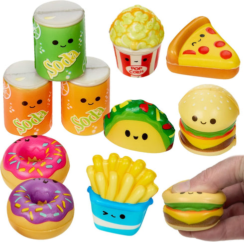 Mini Squish Fast Food Toys, 10 Pack Assorted Designs, Slow-Rise Stress Relief Toys for Kids, Party Favors for Boys &