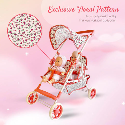 Double Doll Stroller for Baby Dolls, Floral Tandem Play Toy Stroller for 4-8 Year Old Girls