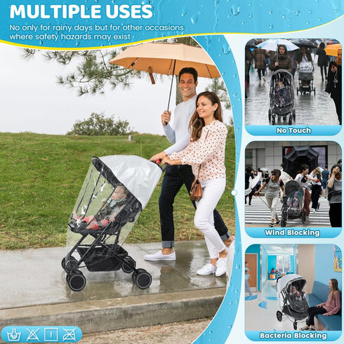 Universal Clear Stroller Rain Cover, No-Zip Waterproof Stroller Cover - Food Grade EVA & Frosted PVC, Baby Travel