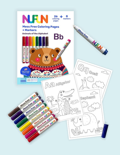 NuFun Activities Mess Free Coloring Set - Animals of The Alphabet, Kids Create No Mess Wonders with Special Coloring Paper, Gift for Toddlers and Kids, 26 Preprinted Pages and 8 Markers by NuFun Activities