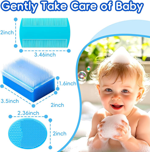 (Blue,Set 5) Cradle Cap Brush for Babies, Baby Bath Essentials with Silicone Scrubber Bath Sponge Dual-Sided Comb