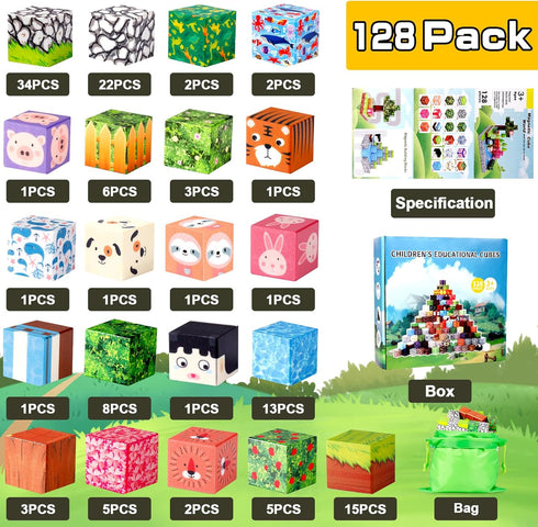 128Pcs 3+, Magnetic Blocks Magnetic Building Blocks, Kids Toys for Boys and Girls Age Educational Sensory Magnetic