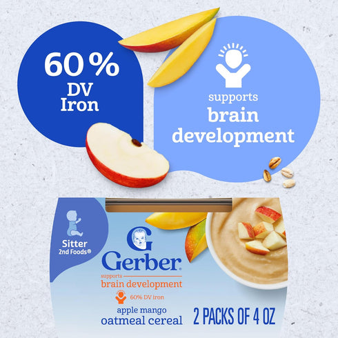 2 16PK Gerber Stage Baby Food, Apple Mango Oatmeal Cereal Puree Tubs, Baby Cereal