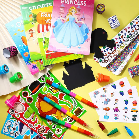 96Pcs Set 4-8-12 BenLouis Kids Party Favors Mini Coloring Books Crayon Slap Bracelets Stickers Bulk for Kids Classroom