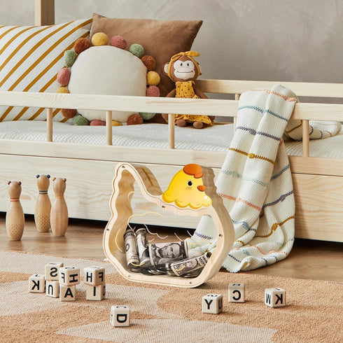 Wooden Chicken Piggy Bank for Kids, Unbreakable Easter Pullet Coin Chicken Bank for Kids with Sticker, Wooden Cashbox