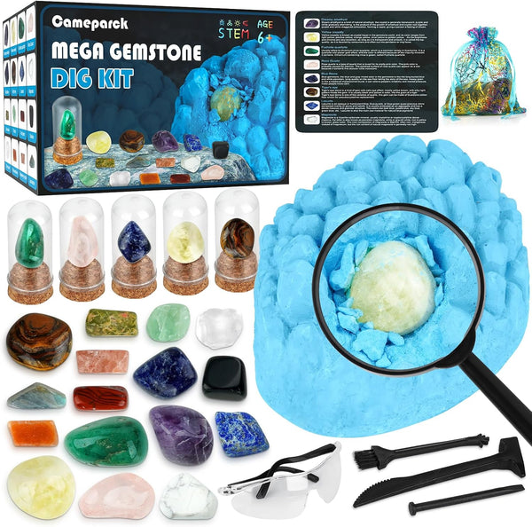 Gemstone Dig Kit, STEM Science Kit for Kids to Excavate 16 Real Gemstones, Educational DIY Toys