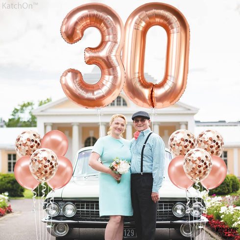 KatchOn Rose Gold 30 Balloon Numbers Set - Giant 40 Inch | 30th Birthday Decorations for Women with Confetti Balloons