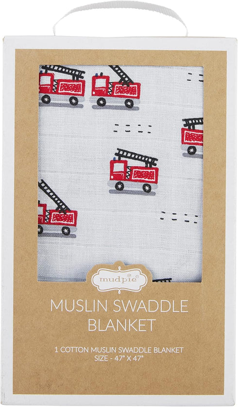 Fire Truck Print Cotton Swaddle Blanket by Mud Pie