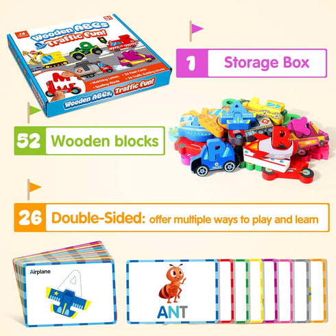 52 Vanmor Wooden Vehicle Alphabet Puzzle for Toddlers, Traffic ABC Letter Sight Words Matching Game with Blocks