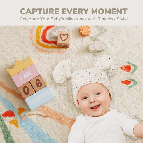 Baby Monthly Milestone Blocks Set of 12, Charming Wooden Newborn Age Blocks for Monthly Milestone Baby Photo Props &