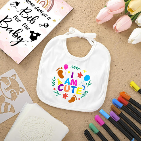 55 Pcs DIY Baby Bibs Set Includes 22 White Feeder Bibs, 22 Stencils, 10 Fabric Markers, 1 Wooden Baby Shower Game Sign