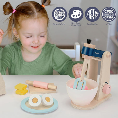3+ 21pcs Set Pillowhale Wooden Kitchen Toys Mixer for Toddlers Age - Montessori Pretend Play Baking with Bowl & Rolling