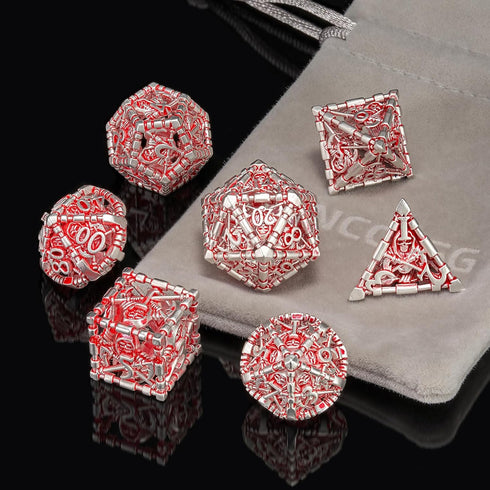 HNCCESG DND Hollow Polyhedral Dice Set, Red White Grim Reaper Metal 7Pcs with Gift Box for Tabletop Game