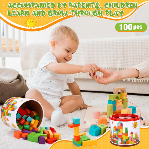 Libima 100 Pcs Wood Building Blocks for Toddlers 2-4 Years, Wooden Building Set with Storage Container, Preschool