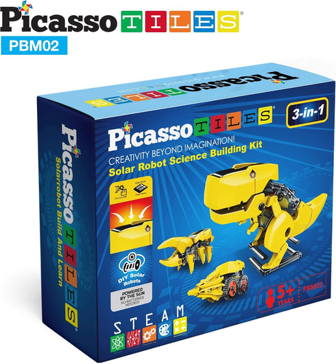 PicassoTiles STEM Kids Solar Powered Dinosaur Robot Educational Learning Building Toy - 3-in-1 Creative Unique