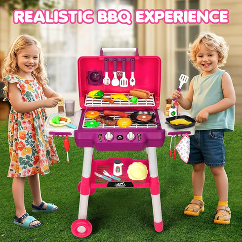 Playset 2-Layer Set 3-5, Kids Play Kitchen Toys, Kids BBQ Grill with Smoke Sound Light, Barbecue Toy with Wheels