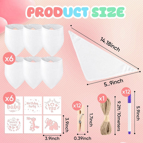 37 Set 6 6 12 12 1 NACHLYNN Pcs White Baby Bibs Baby Shower Games Including Blank Baby Bibs Stencils Clothespins Fabric