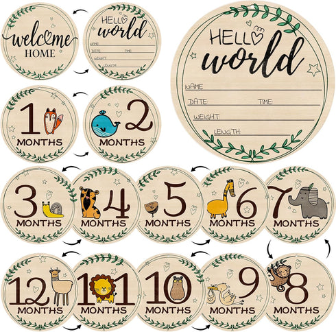 RCHBUDI 8 Pcs Baby Monthly Milestone Cards- Baby Milestone Signs Wooden Discs 8