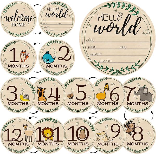 RCHBUDI 8 Pcs Baby Monthly Milestone Cards- Baby Milestone Signs Wooden Discs 8