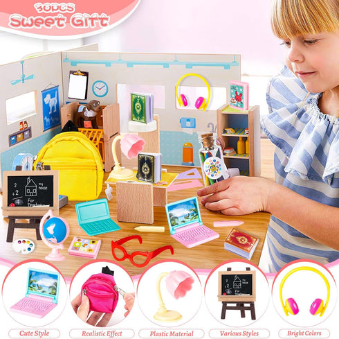 FFNIU 30Pcs Backpack Set Mini School Supplies, Doll School Supplies Includes Mini Doll Laptops Glasses Blackboard Book