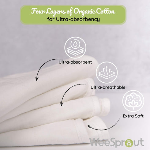 WeeSprout Unisex Organic Towel Cotton Burp Cloths Set of 4 - Four Ultra-Absorbent Layers Keep Clothes Dry, Button