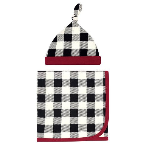 Touched by Nature Unisex Baby Organic Cotton Swaddle Blanket and Headband or Cap, Black Plaid, One Size by Touched by Nature