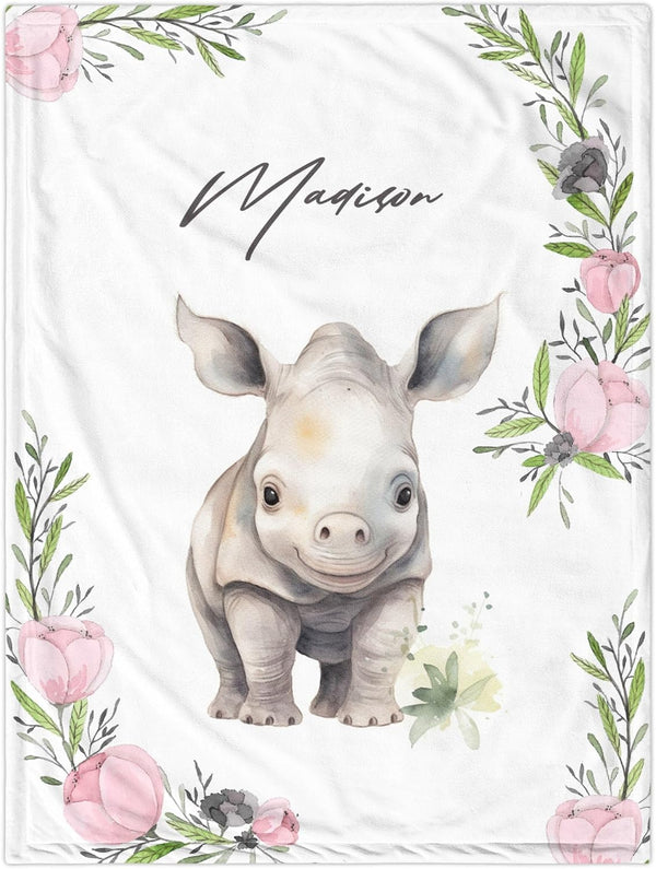 Novusopt Personalized Baby Rhinoceros Floral Blanket with Name for Newborn Toddler Girl, Soft