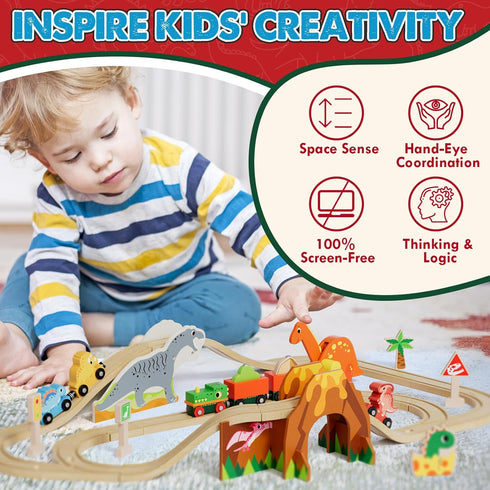 Lehoo Castle Wooden Train Set, Dinosaur Wooden Train Track Set for Toddlers 2-4, Fits Thomas and Brio