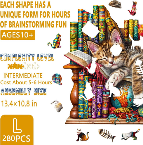 Wooden Puzzles for Adults - Snoozing Cat Wooden Jigsaw Puzzles, Unique Animal Shape Gift for Cat Lovers