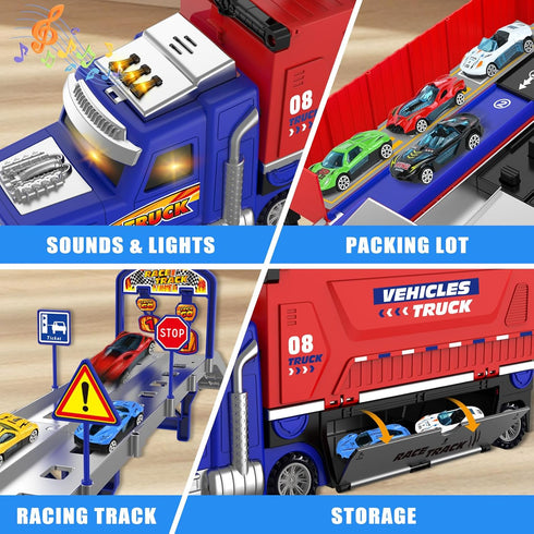 3 4 5 6 6 SpringFlower Carrier Truck Race Track Toys, Boy Toys for Years Old Boys with Lights Sounds, Transporter Race