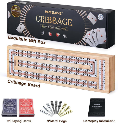 15'' 3 Set, 2 Vamslove Magnetic Cribbage Board Wooden Folding Track Game w/Instruction, Storage Slots for Playing