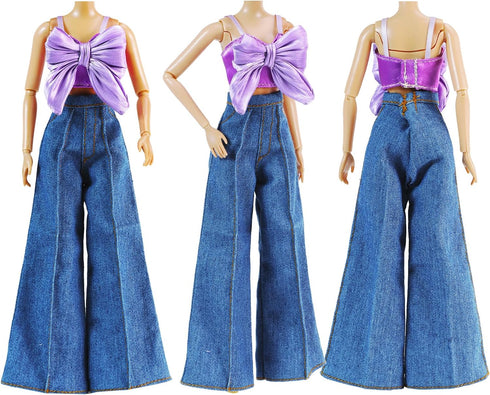 2 Sets Set 11.5 Inch E-TING Doll's Dream Outfits: Shiny Glitzy Gala Purple Dress and Bell-Bottom Jeans for Girl Doll