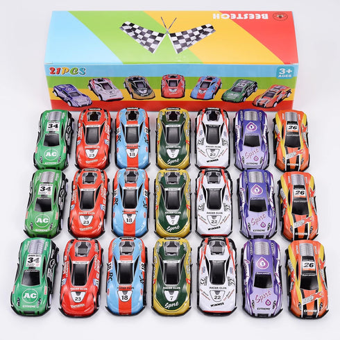 21 Pack Pull Back Toy Cars - Party Favors, Goodie Bag Stuffers, Race Vehicles for Toddlers Ages 2-5