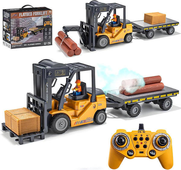 VijiSuki 2.4Ghz Remote Control Forklift with Trailer,RC Forklift Truck with Spray, Cool Lights,Sound,1/24