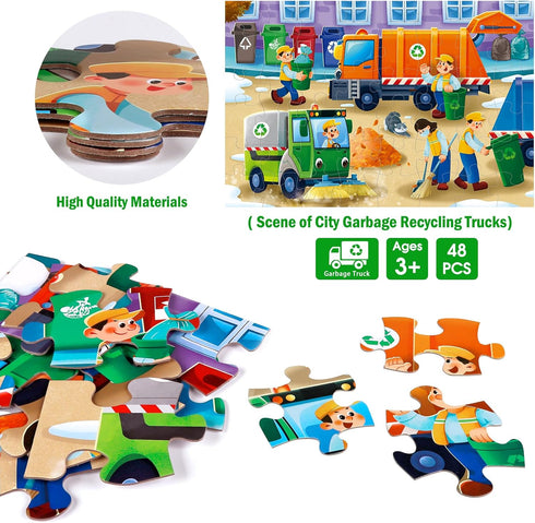 Puzzles,48 3-5,Children 4-8 Jumbo Floor Puzzle for Kids,Recycling Garbage Truck Jigsaw Large Piece Trash Truck Vehicle