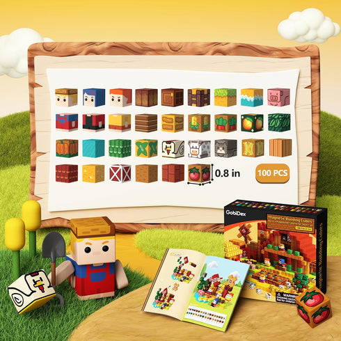 100PCS Set, 3 4 5 6 7 8 9 10 11 12 idoot Magnetic Building Blocks Farm Themed Kids Magnetic Cube STEM Toys, Montessori