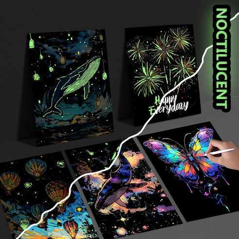 Glow in The Dark Scratch Art Rainbow Painting Paper 8 Sheet with Pen, Engraving Landscape Scratchboard (A4) for Kids
